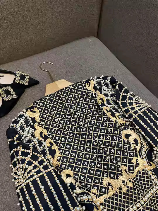 Women's Retro V-Neckline Blazer with Luxury Bead Embellishments