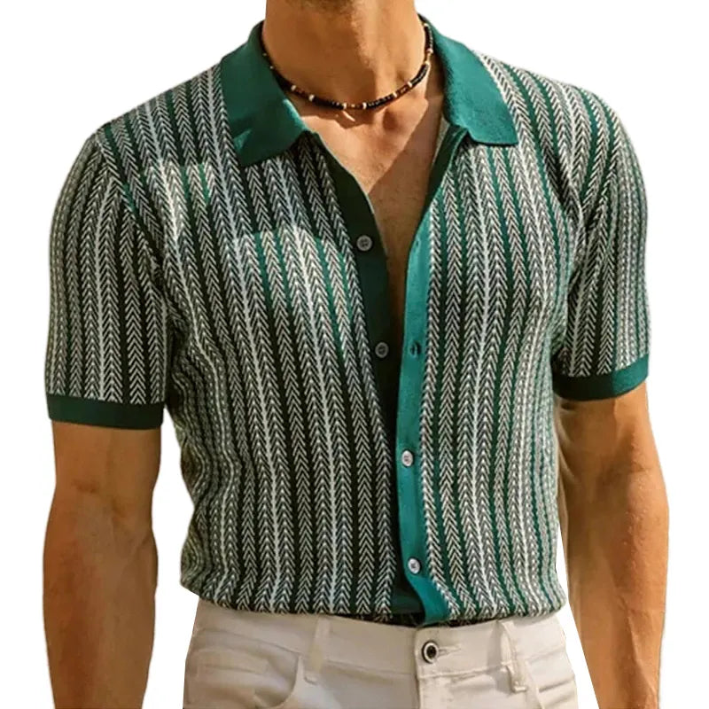 Men's Summer Striped Jacquard Knit Polo Shirt
